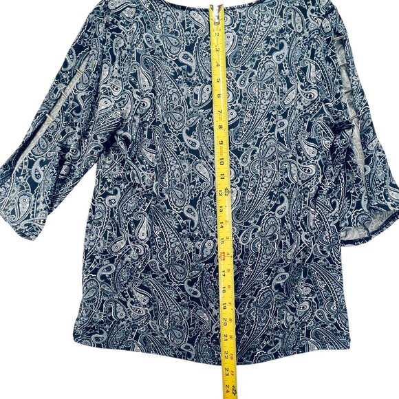 Michael Kors Paisley Bell Sleeve Top Metallic Shoulder VNeck Navy White S Womens - Picture 11 of 11
